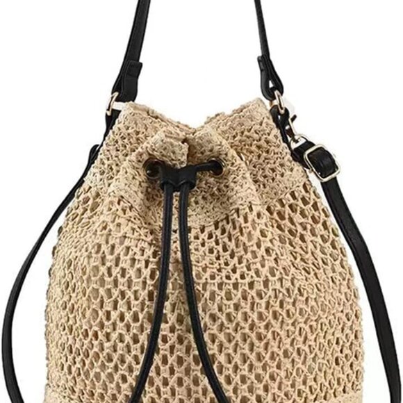 Women Straw Drawstring Bucket Purse Small Tote Shoulder Handbag Beach Summer - Picture 1 of 7